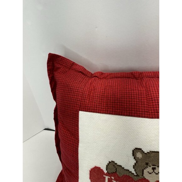 Vintage Cross Stitch Red Throw Pillow Teddy Bear “I’m Sleeping” Nursery 16” - Picture 4 of 8